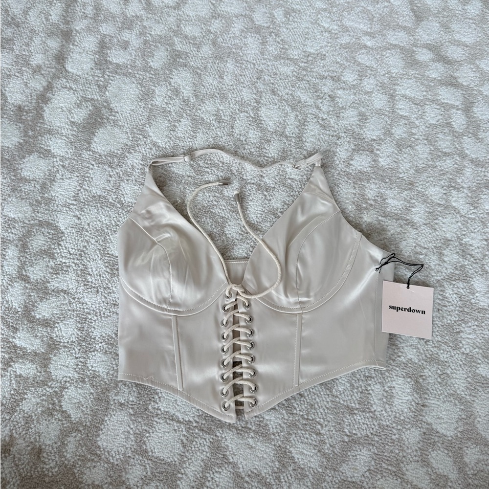 superdown Ivory Lace-Up Satin Corset Top